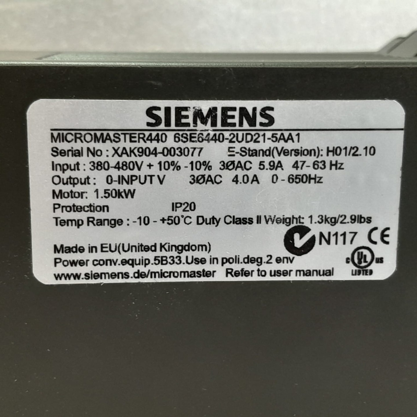 SIEMENS 6SE6440-2UD21-5AA1 VARIADOR