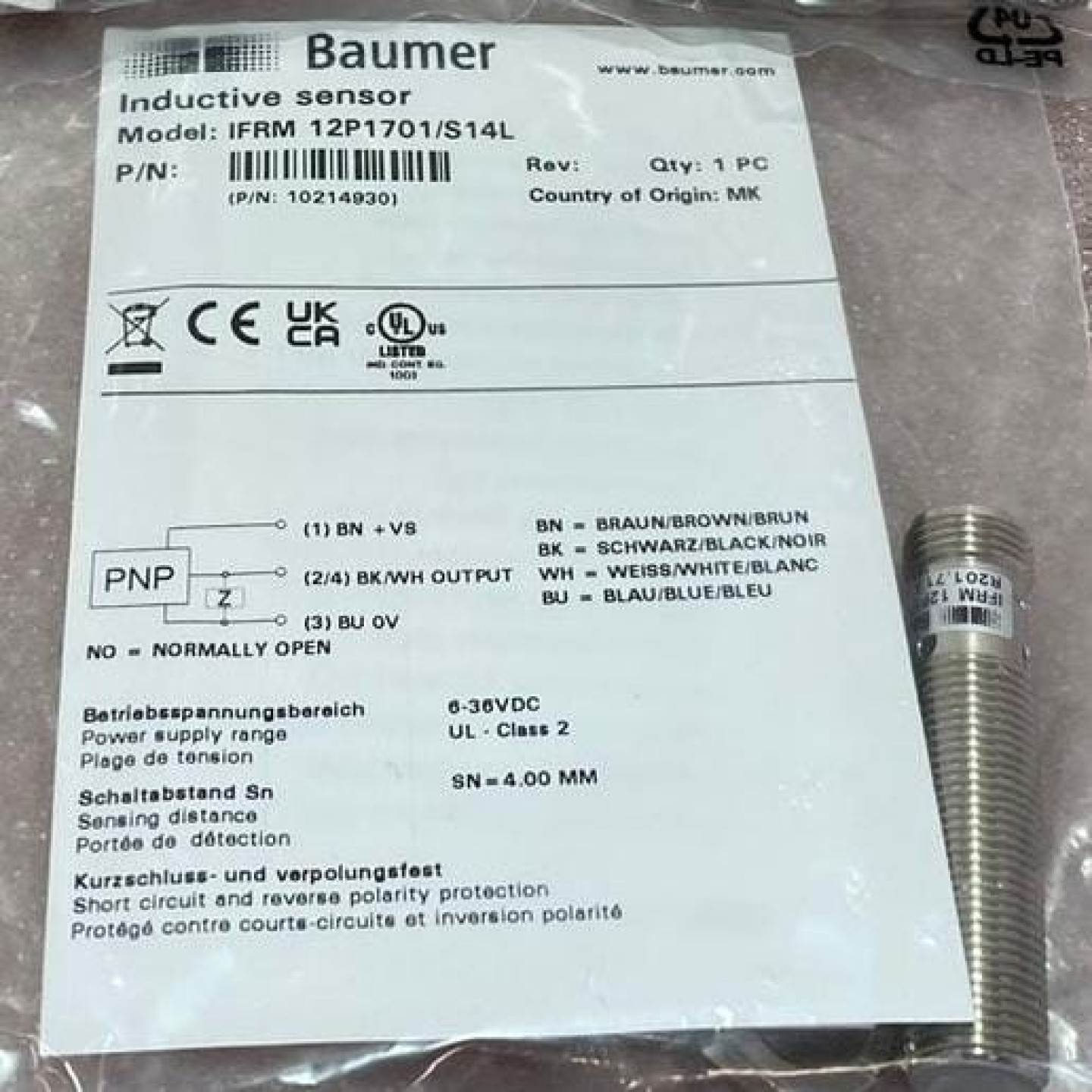 SENSOR INDUCTIVO  BAUMER 12P1701/S14